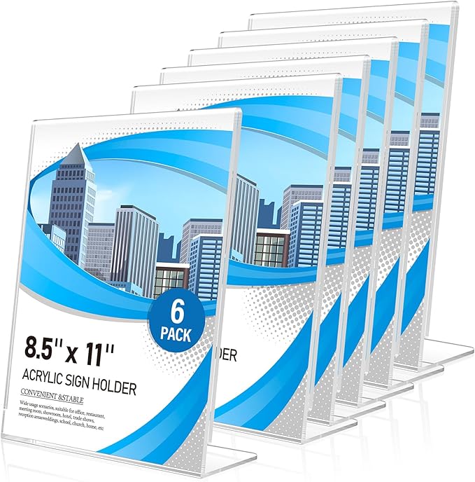 Acrylic Sign Holder 8.5 x 11 6 Pack, Double-Sided Clear Sign Holder Plastic Stands for Display, Table Sign Stands, L Shape Flyer Holder