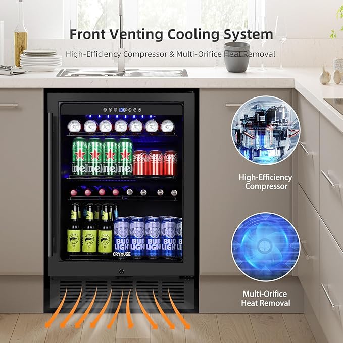 Beverage Refrigerator 24 Inch, 180 Can Drink Fridge with Glass Door, Under Counter or Freestanding Beverage Cooler for Soda, Beer, Wine – Quiet Cooling for Kitchen, Bar, Office, Black