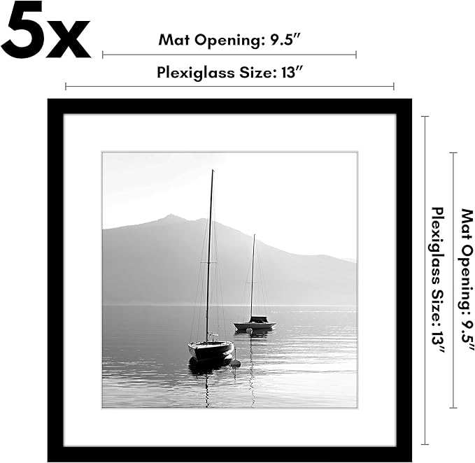 Americanflat 13x13 Picture Frame with Polished Plexiglass - Set of 5 - Use as 10x10 Frame with Mat or Display 13x13 Photo Without Mat - Galleria Collection - Square Frames for Wall Display - Black
