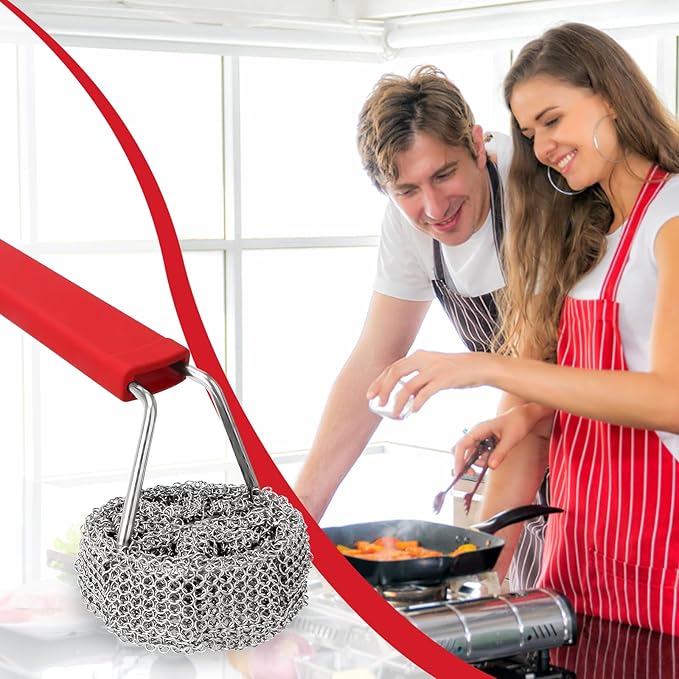 Cast Iron Chainmail Scrubber with Handle - Cleaner for Pans and Pots - Premium Stainless Steel/Silicone Scraper for Skillets - Ergonomic Food-Safe Design - Easy to Clean Cookware Dish Brush