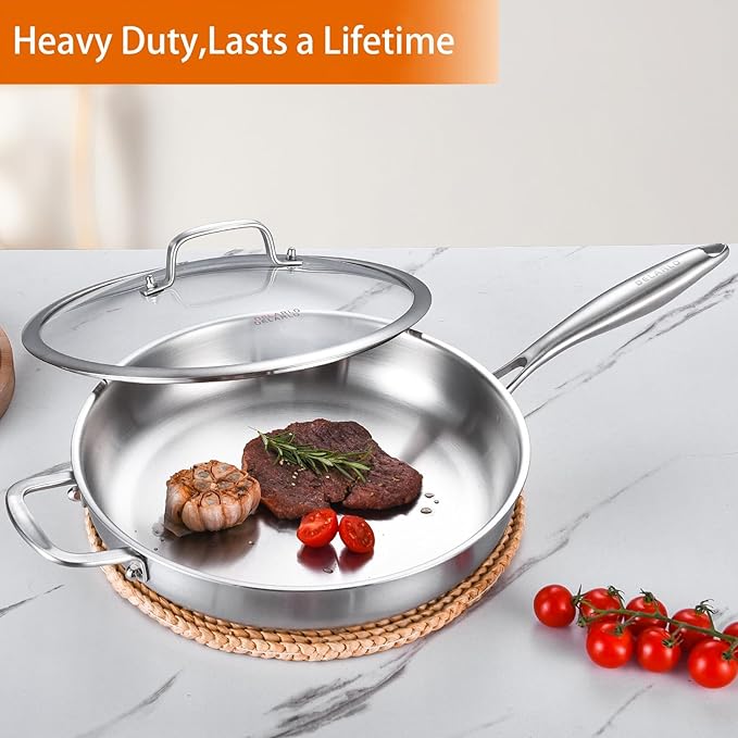 DELARLO Stainless Steel Pan 14-Inch, Large Frying Pan with Lid, Heavy Duty, Compatible with Induction, Gas and Electric up to 650℉, Fast & Even Heating, Durable, Dishwasher, Oven Safe Skillet
