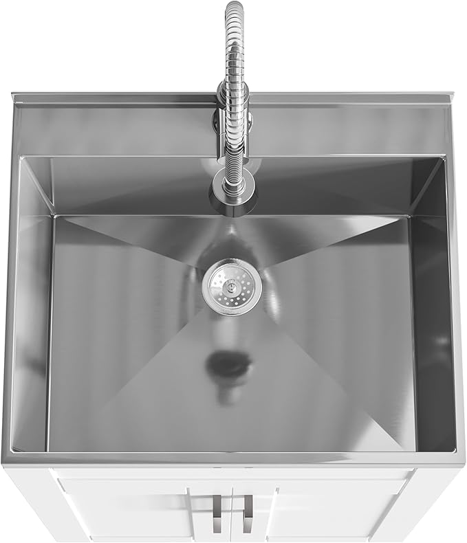 SIMPLIHOME Hennessy All-in-One 24 inch Wide Utility Sink and Laundry Cabinet in Pure White Finish, Transitional Stainless Steel Sink Cabinet for Laundry Rooms with High-Arch Chrome Faucet and Storage