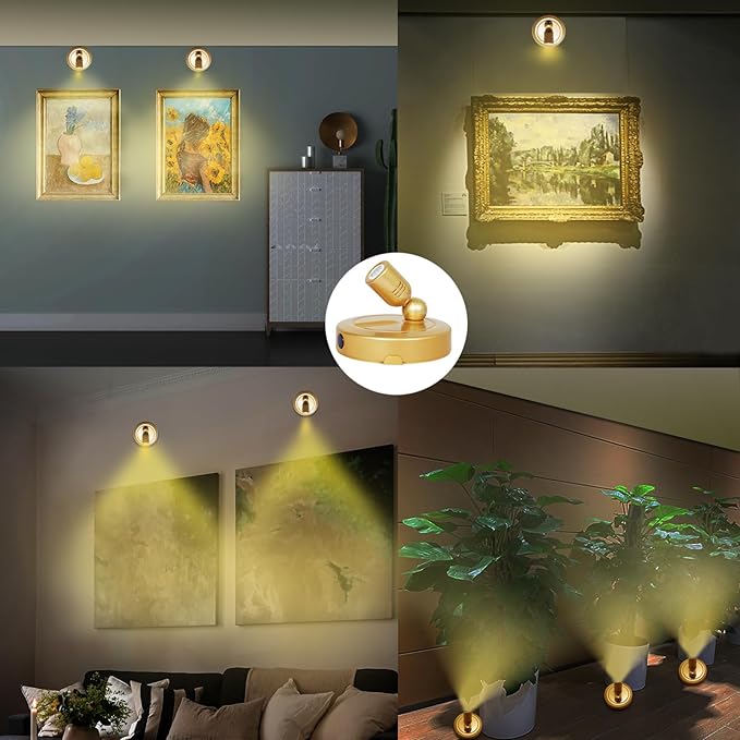 Indoor Spotlight, Battery Operated Spotlights with Remote, Picture Lights for Wall, Plant Tree Spotlight with Timer, Up Lights for Art Display Dartboard Painting Artwork Accent Frames-Gold
