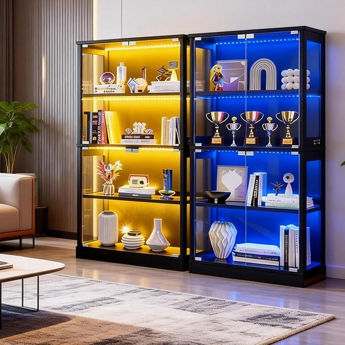 Glass Display Cabinet 2pcs, 65" Tall Display Case with RGB Lights Curio Cabinet with Glass Doors 4-Tier LED Storage Cabinet with Human Body Sensor & Press-To-Open for Collectibles Book Figure(Black)
