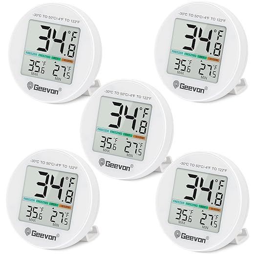 Geevon Small Digital Refrigerator Thermometer 5 Pack, IP65 Waterproof Commercial and Home Use, Max/Min Record Function with LCD Screen, Stand and Magnetic Back, for Fridge, Freezer Scenarios