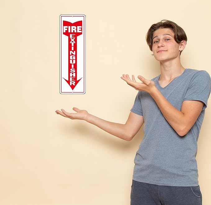 Fire Extinguisher Sign, (4 Pack) Self Adhesive Fire Extinguisher Sticker Signs for Indoor Outdoor, Rust Free Reflective Aluminum Metal Signs for Wall and Door (12 x 4 inches, White/Red)