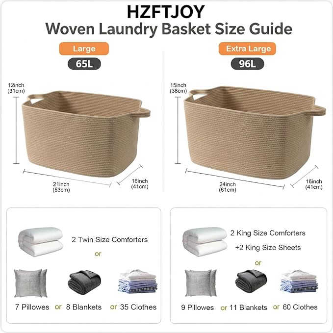 96L Woven Laundry Basket with Handles, Extra Blanket Basket - Image 2