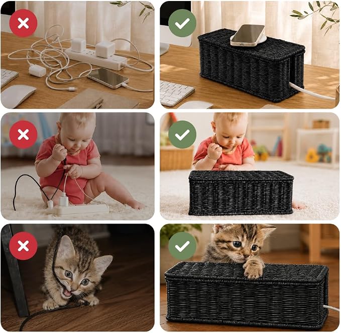 Cable Management Box, Handmade Rattan Cord Organizer - Image 8