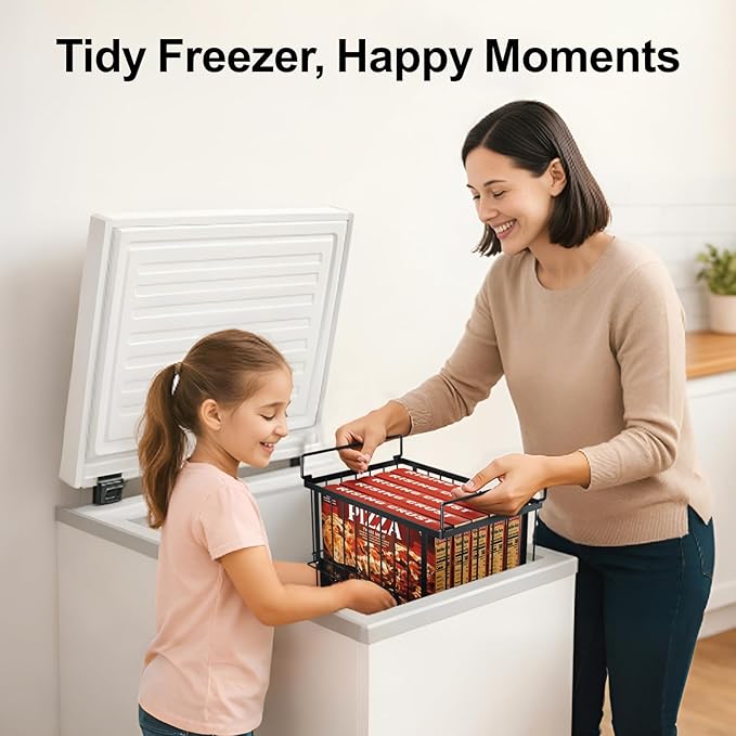 iSPECLE Deep Freezer Organizer Bins - 4 Pack Large Adjustable Freezer Organizer Bins for 5 to 7 Cu.Ft Chest Freezer, Stackable No Wasted Space, Easily Access Pizza (≤12") without Digging, Black