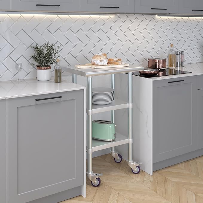 AmGood Stainless Steel Work Table with 2 Shelves and Casters | Metal Utility Table On Wheels (Stainless Steel Work Table with 2 Shelves + Casters, 24" Long x 18" Deep)