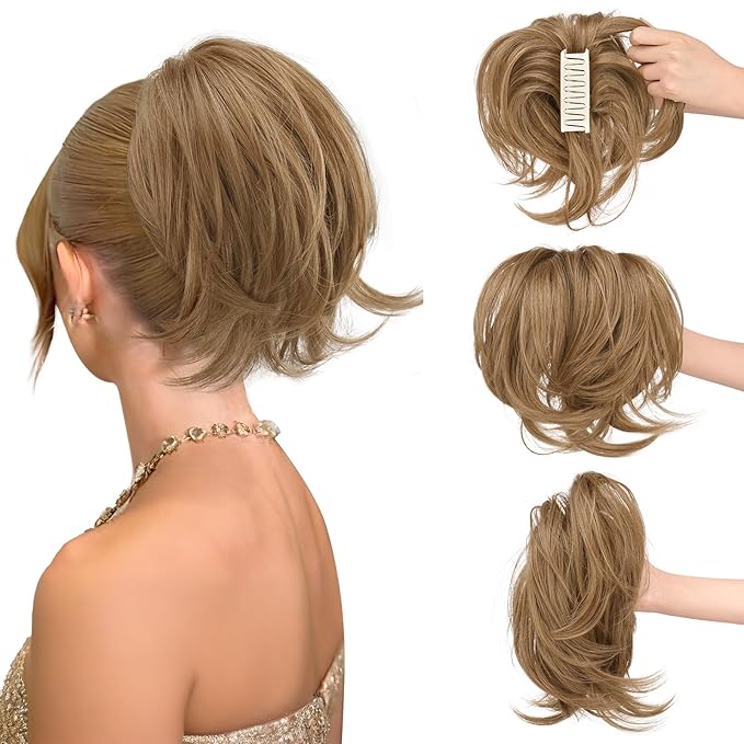 SOFEIYAN Claw Clip Short Ponytail Extension DIY Bendable Wires Hair Bun Fluffy Fake Hair Piece Straight Synthetic Hair Ponytail Extensions for Wonen - Warm Honey Brown Blend