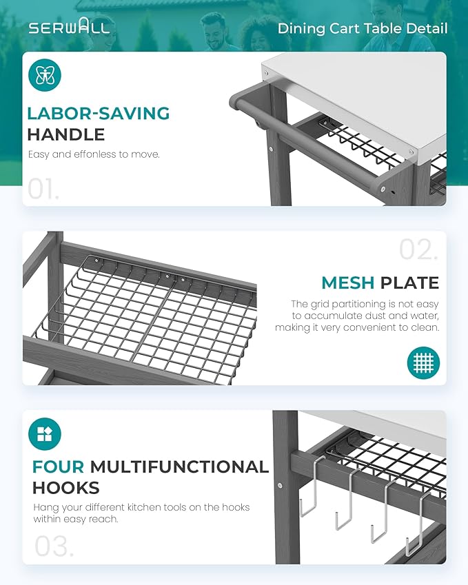 SERWALL Outdoor Grill Cart Pizza Oven Stand Trolley Table with Wheels Three-Shelf Movable Food Prep and Work Table, Grey