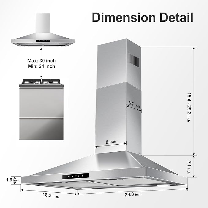 Range Hood 30 inch Wall Mount, Kitchen Vent Hood 450 CFM in Stainless Steel, Stove Vent Hood with Ducted Convertible Ductless, Touch Switch, LEDs Light, 3-Speed Fan, Aluminum Filters