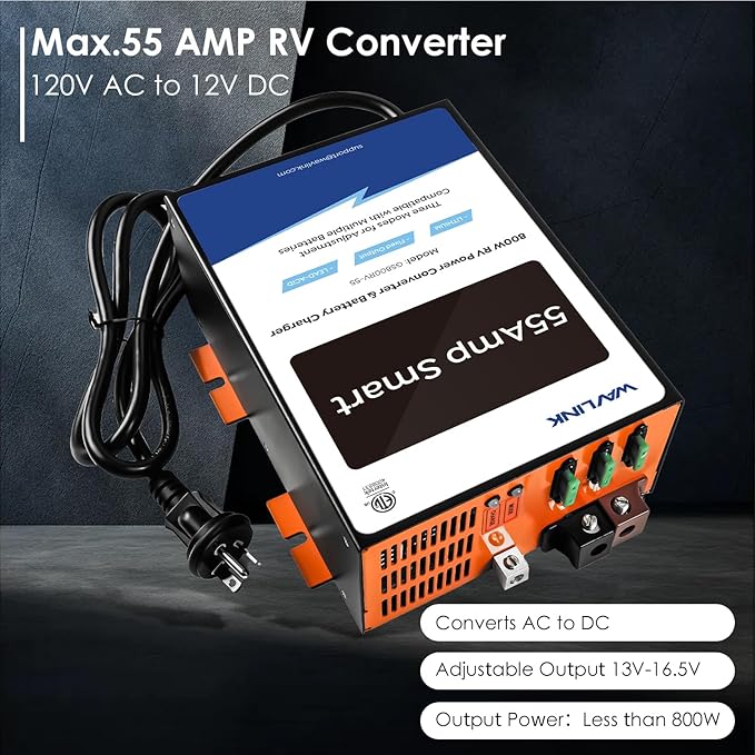 WAVLINK 55 Amp RV Power Converter, 120V AC to 12V DC Battery Charger with 3 Smart Charging Modes, 13V-16.5V Adjustable Operating Range, Multi-Stage Charging