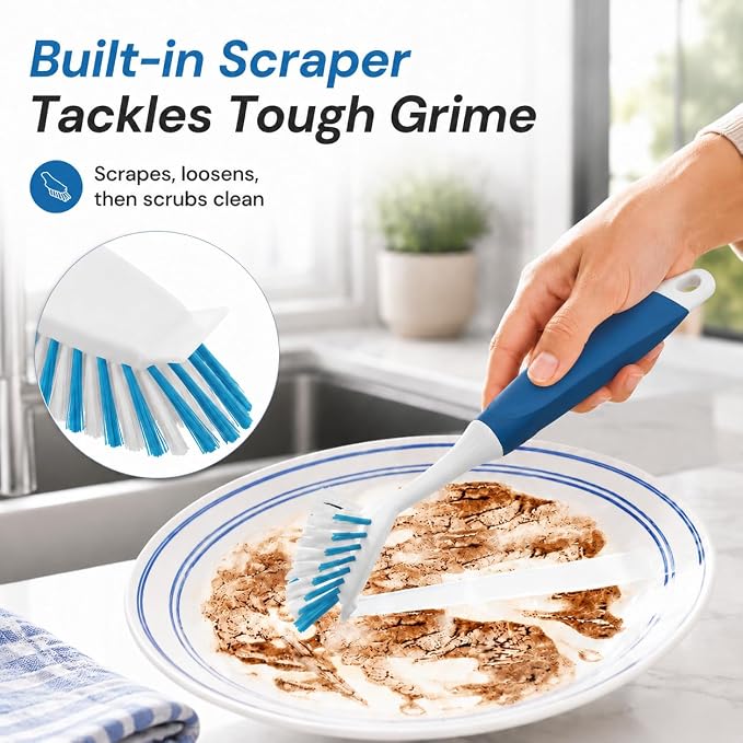 2-Pack Dish Brushes with Scraper, Durable Nylon Bristles Kitchen Scrub Brush - Image 3