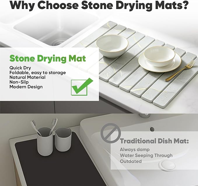 Stone Drying Mat for Kitchen Counter, Quick Diatomaceous Earth Mats for Dishes - Image 5