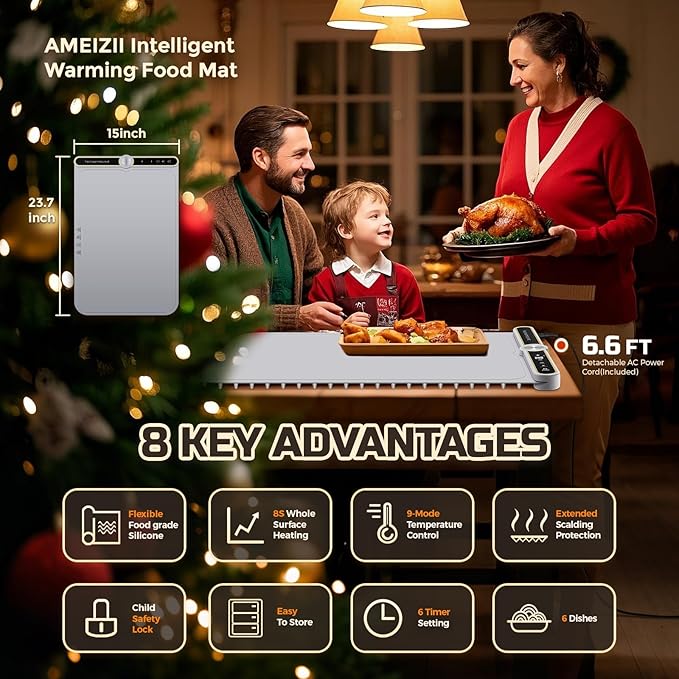 Warming Mat for Food, 24"x15" Food Warmer with 9-Temperature Adjustable, 1-6H Timer Electric Warming Tray Heat 6 Dishes, Child Lock, 8s Fast Heating, Foldable Food-Grade Silicone