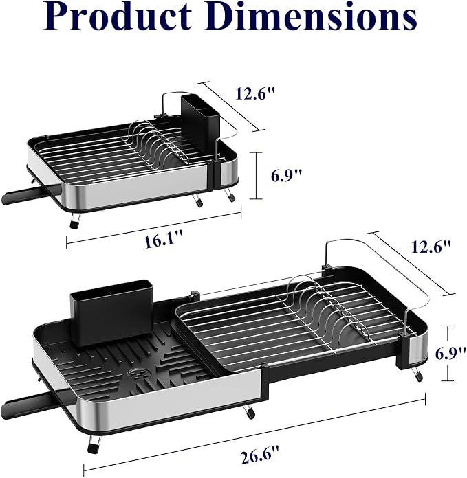 Kitsure Expandable Metal Dish Drying Rack, 16.1-26.6" L x 12.6" W, Auto-Drain - Image 4