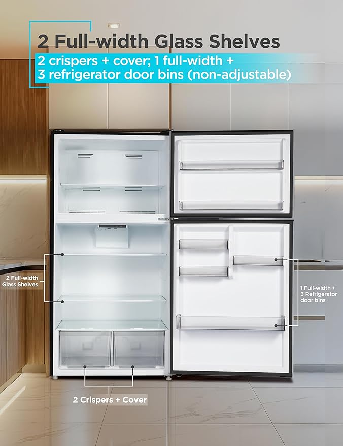 BLACK+DECKER 24 Cu. Ft. Top Mount Refrigerator with Freezer, 2 Door Refrigerator with Top Freezer and Adjustable Temperature Control, Full Size Kitchen, ENERGY STAR, BR2400JB, Black