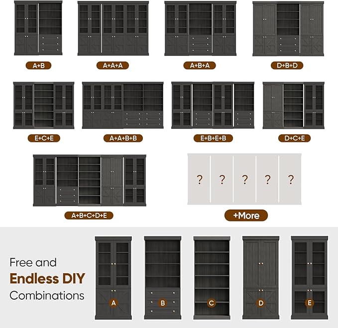 70.8" Bookshelf with Glass Doors, Farmhouse Modular Bookcase with 6-Tier Adjustable Shelves, Large Storage Cabinet for Living Room & Home Office, Black