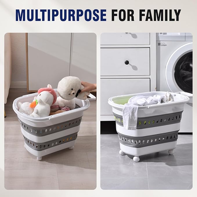 Collapsible Plastic Rolling Laundry Basket Hamper - Image 7