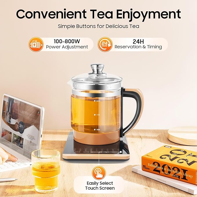 Health Pot Glass Electric Kettle for Tea & Coffee, Temperature Control Electric Kettle with Steamed Eggs Holder, 18 Smart Menu Health Pot Reservation & Timing Tea Infuser for Tea,001