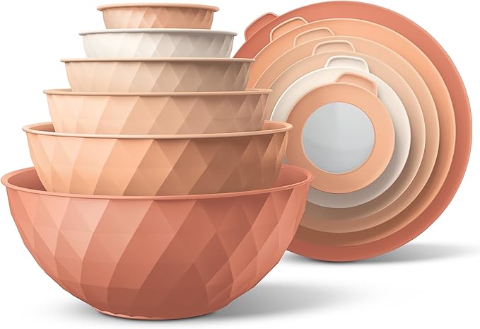 COOK WITH COLOR Mixing Bowls with Lids - 12 Piece Plastic Nesting Bowls Set includes 6 Prep Bowls and 6 Lids, Diamond Design - Microwave Safe, Orange