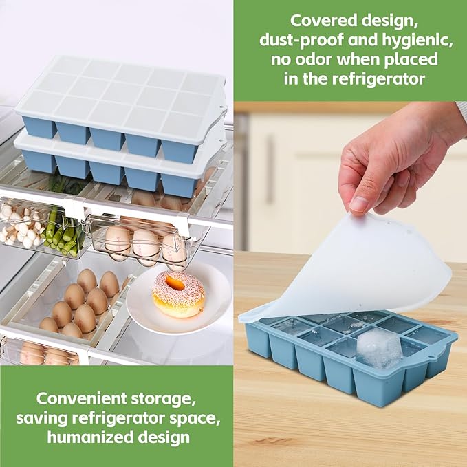 Silicone Ice Cube Tray, 3 Pack Easy-Release Stackable Ice Trays for Freezer with Lid 15 Reusable Cubes, Food Grade BPA Free Ice Molds for Whiskey, Baby Food, Coffee, Cocktail (Blue+Green+Grey)