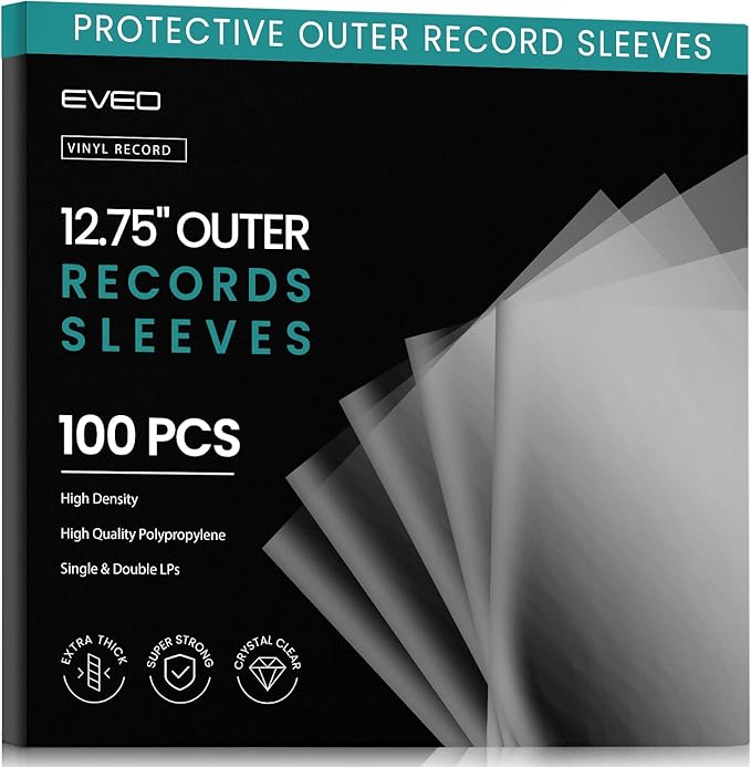 EVEO 100 Vinyl Record Sleeves Outer – Crystal Clear Outer Vinyl Sleeves LP Album Covers 12.75"x12.75" | Perfect Fit Protective 3 Mil Protection for Single & Double LPs - Archival Quality