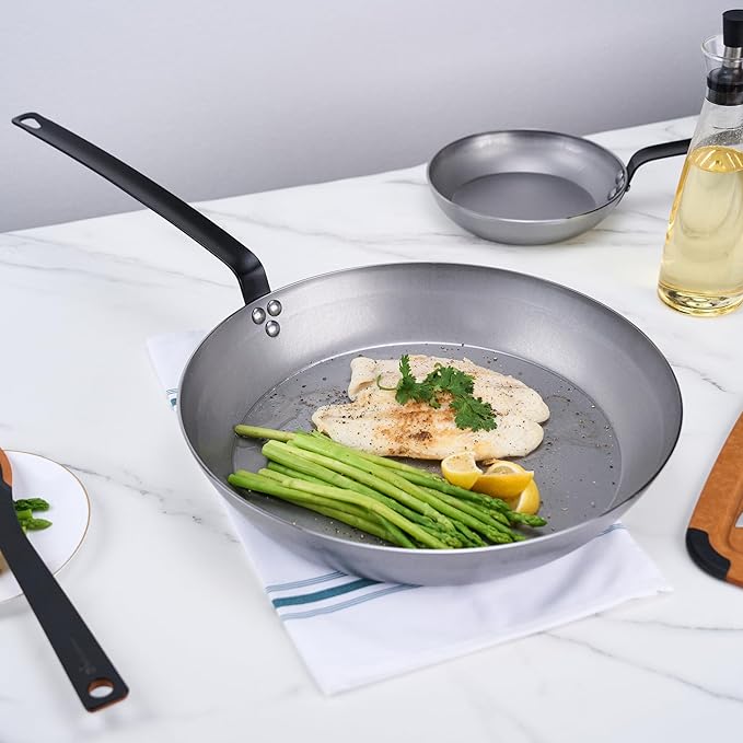 Restaurantware Met Lux 16 Inch Fry Pans, 6 No-Stick Frying Pans - Induction-Ready, Triple-Riveted, Silver Carbon Steel Cooking Skillets, Durable, For Searing, Sauteing, And Browning Food