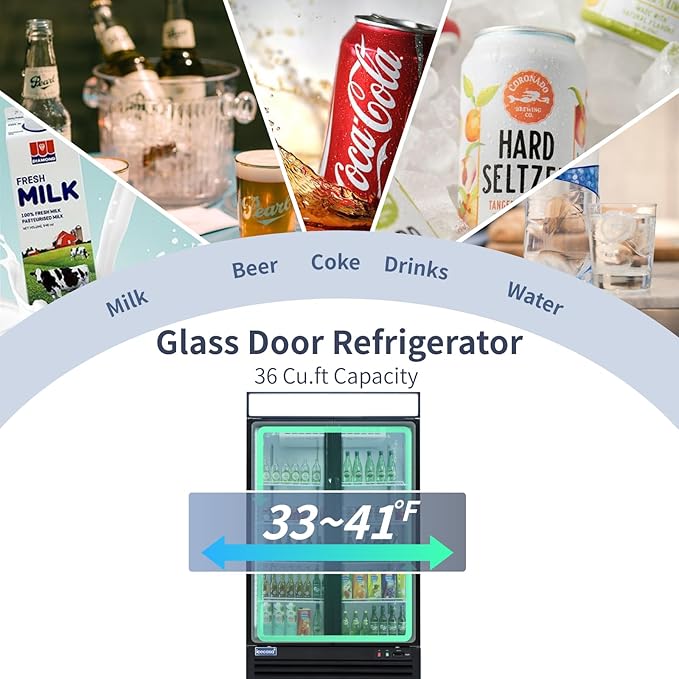 ICECASA 48" W Merchandiser Commercial Display Refrigerator Double Glass Door Reach-in 36 Cu.ft Display Refrigerator Fan Cooling for Restuarant, Bar, Shop, etc