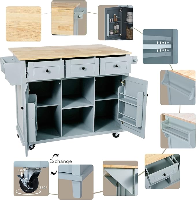 Rolling Mobile Kitchen Island Cart Breakfast Bar with Wood Top, Door Internal Storage Racks, 3 Drawers and 5 Wheels for Dining Room