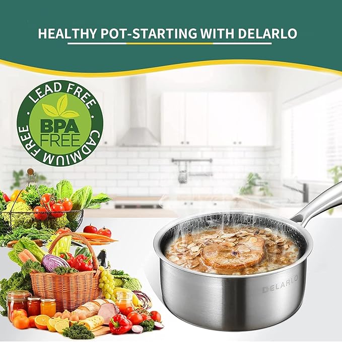 DELARLO Tri-Ply Hybrid Stainless Steel Saucepan, Hybird 1.5QT Non Stick Pots, All Stove Safe Up to 600℉, Sauce Pot 1.5 Quart Non Stick Sauce Pan, Saucier, Honeycomb, Small Saucepan, Lids 300℉