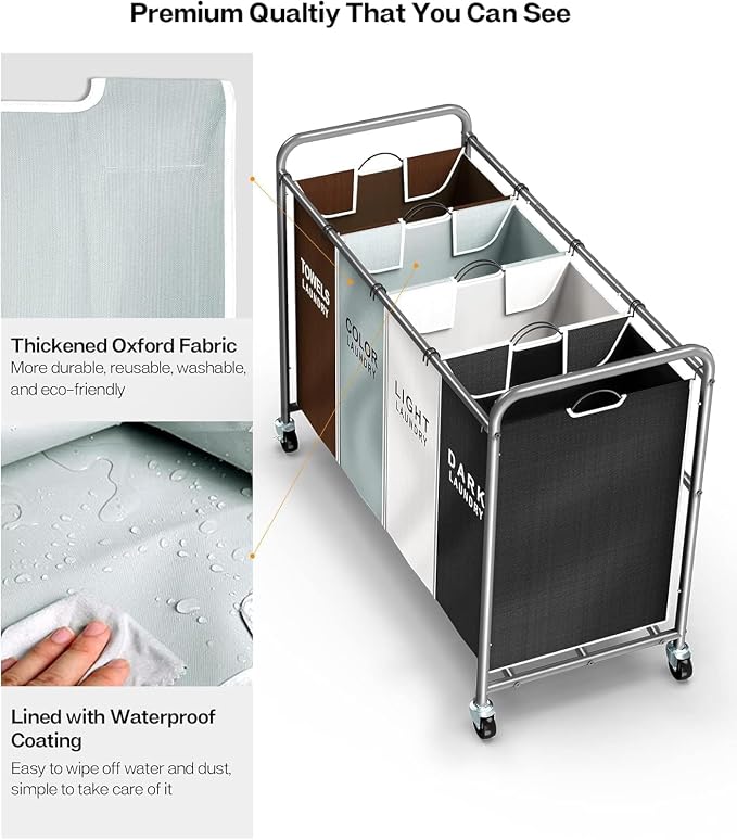 ROMOON Laundry Hamper Sorter Cart, 4-Section Organizer - Image 4