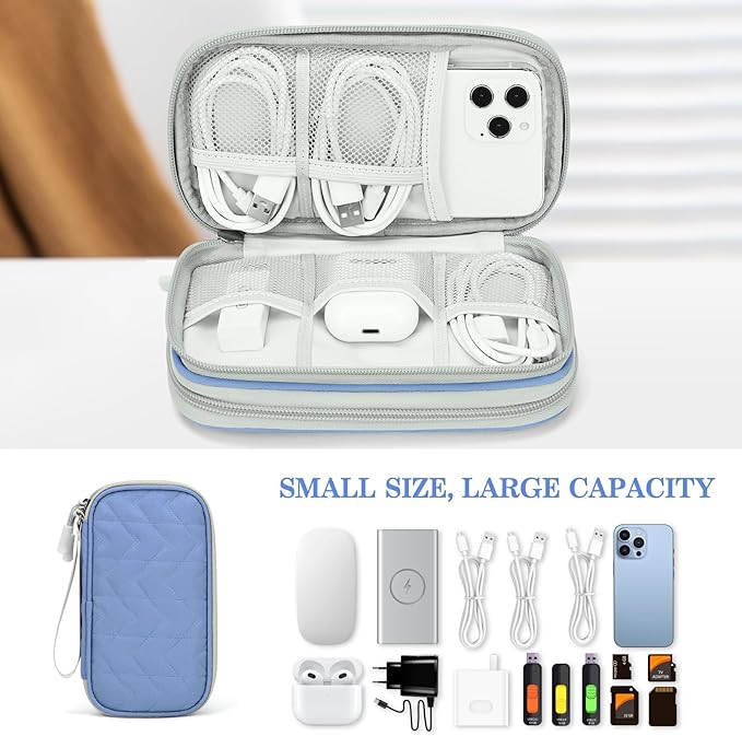 FYY Electronic Organizer, Travel Tech Pouch, Cable Organizer Blue Quilted | - Image 6