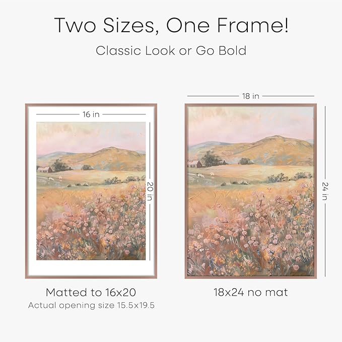 Homeforia 18x24 Poster Frame Mocha, High End Metal 18 x 24 Picture Frames with Mat 16 by 20 inch Photo, 18x24 Mocha Frame Matted to 16x20 Print, 24x18 Hanging Frame, Tempered Glass, Wall Kit, Set of 1