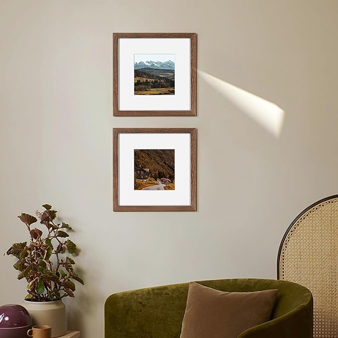 Fun Memories 8x8 Square Picture Frame, Solid Oak Wood 8"x8" Photo Frames - Real Tempered Glass, 8x8 Frame with Stand for Tabletop Display, 8 x 8 Wood Frame for Wall (Walnut Color, 1 Pack)
