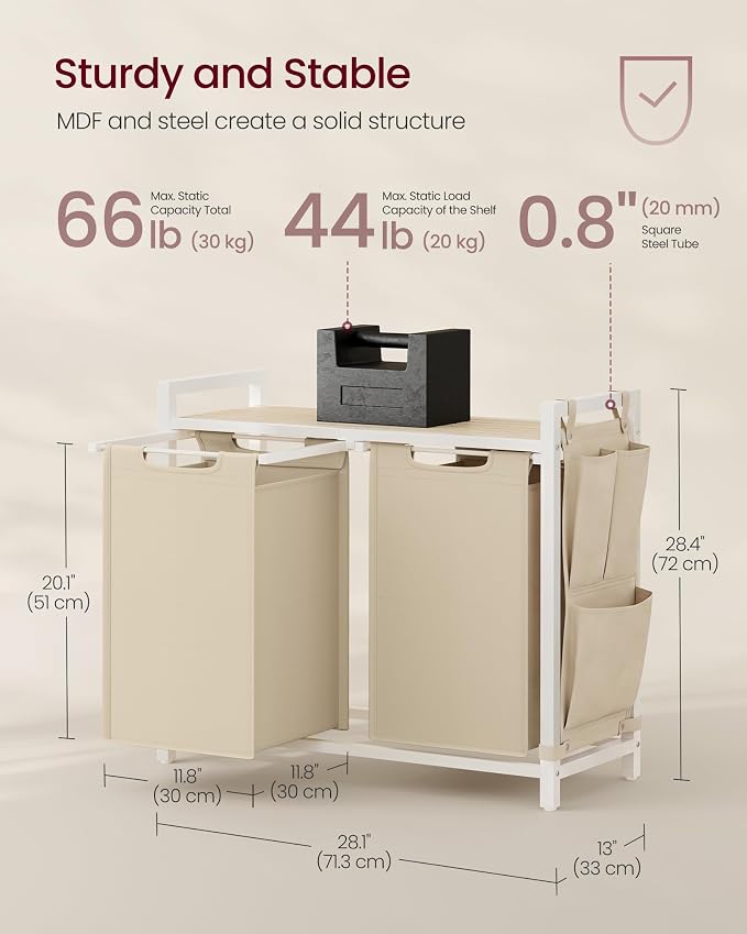 VASAGLE Laundry Hamper with Shelf, 2 Pull-Out Bags, 2 x 12.1 Gallons - Image 6
