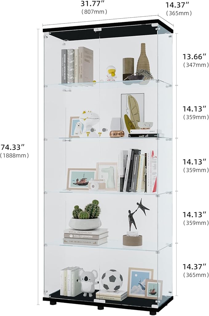 Yoluckea 5 Shelves Glass Display Cabinet with 2 Doors, Floor Standing Clear Glass Curio Cabinet Collection Display Case for Living Room Bedroom 73.82” x 31.69” x 14.37” Black