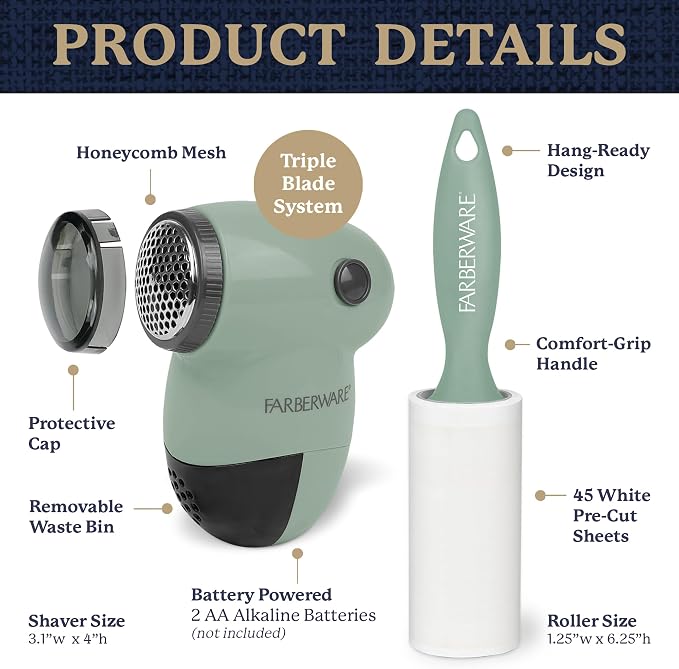 Farberware Fabric Shaver & Lint Roller Set, Portable | Sticky sheets lift pet - Image 6