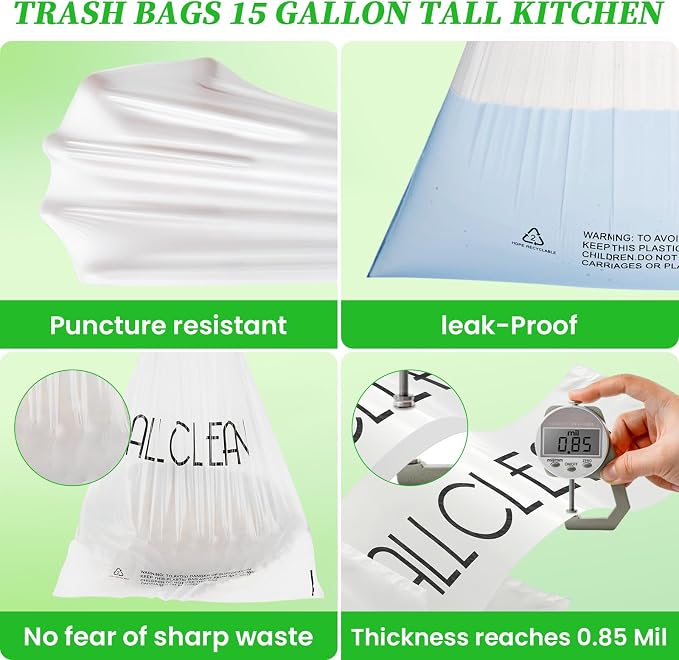 Trash Bags 15 Gallon Tall Kitchen Drawstring Garbage Bag Fit 13-15 Gal Bins | - Image 2