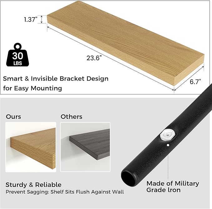 Floating Shelves for Wall 24"W x 6.7"D x 1.37"H, Engineered Wood Wall Shelves with Invisible Brackets for Living Room Bedroom Bathroom Office Kitchen Decor and Storage, Oak Finish, Set of 2