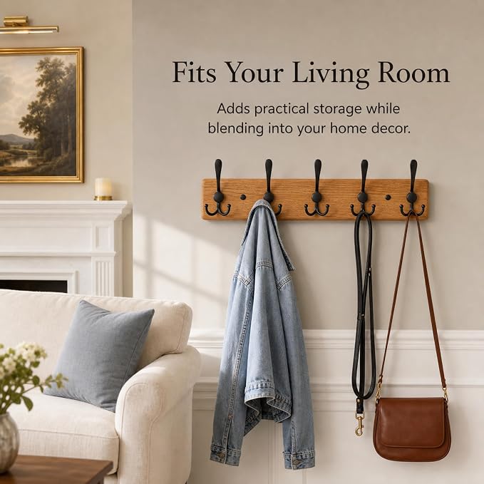 Solid Oak Wooden Coat Rack Wall Mount - Image 4