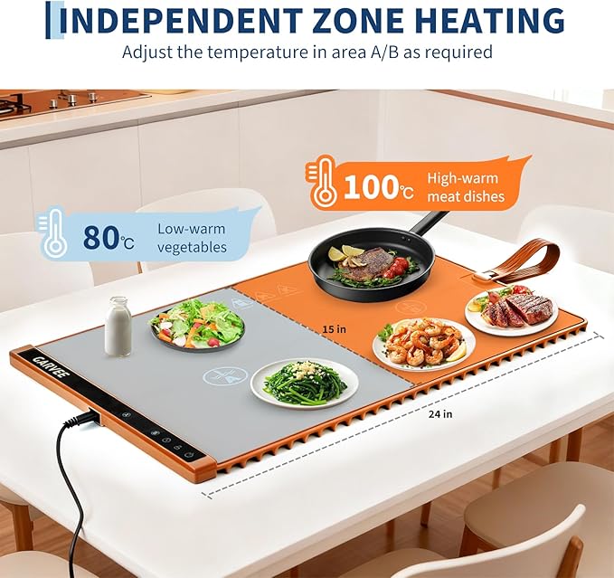 Garvee Electric Food Warming Mat for Countertop, 24x15 in, Dual Zone Control, Portable Silicone Food Warmer Pad Tray with Timer & 6 Temp Levels for Buffet Party, Easy to Clean, Orange