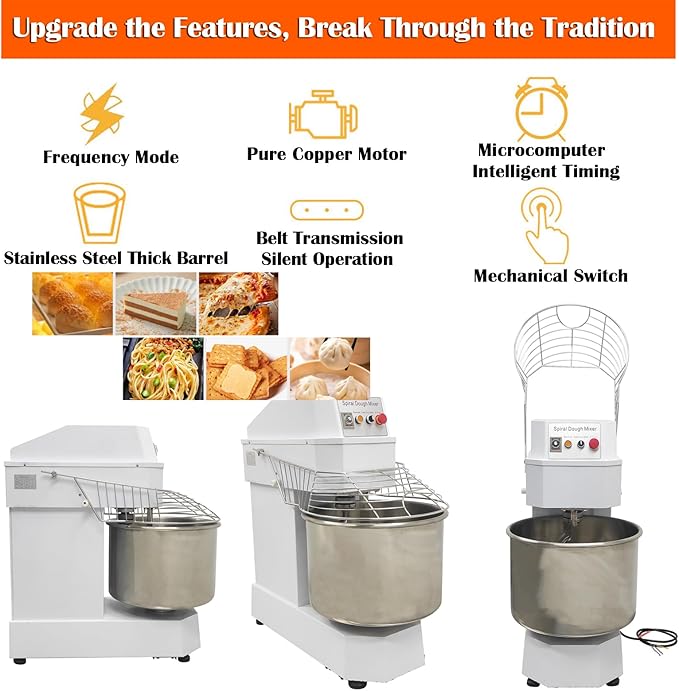 60L Commercial Dough Mixer 220V 3KW Dual Rotating Dough Kneading Machine with Stainless Steel Barrel/Security Cover/Timer Function Electric Stand Spiral Mixer for Restaurant Bakery Pizzeria