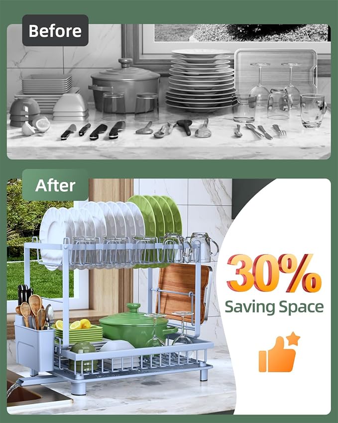 2-Tier Dish Drying Rack for Kitchen Counter, Space-Saving, Auto Drain Spout - Image 3
