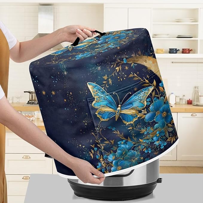 Blue Butterfly Pressure Cooker Cover for Women Dust Protection Insulated Rice Cooker Cover Water Resistant Dust Cover with Pockets for Instant Pot 3 Quart Vintage Appliance Cover for Kitchen