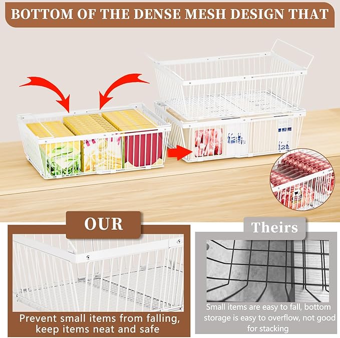 Large Freezer Organizer Bins，Upgraded Bottom Leak-Proof net，2 Pack， Expandable Stackable Chest Freezer Containers with Handle，for Fridge, Deep Freezer, Cabinet, Kitchen, Pantry (White-2Pack)