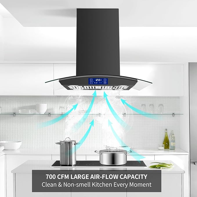 30 Inch Island Range Hood Black 700CFM, Gesture & Touch Panel Ceiling Mount Vent Hood, Stainless Steel Kitchen Exhaust Fan Convertible, Tempered Glass, LED lights, Permanent Baffle Filters