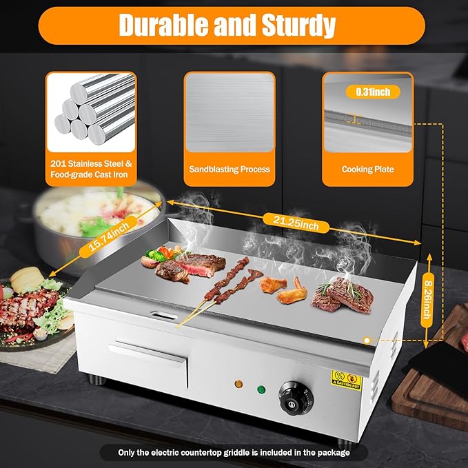 Electric Countertop Griddle, 21x12 Inch Commercial Flat Top Grill with 0.31 Inch Cast Iron Plate, 3000W 110V, Temperature Control for Restaurant, Food Truck, Snack Bar and Home Kitchen